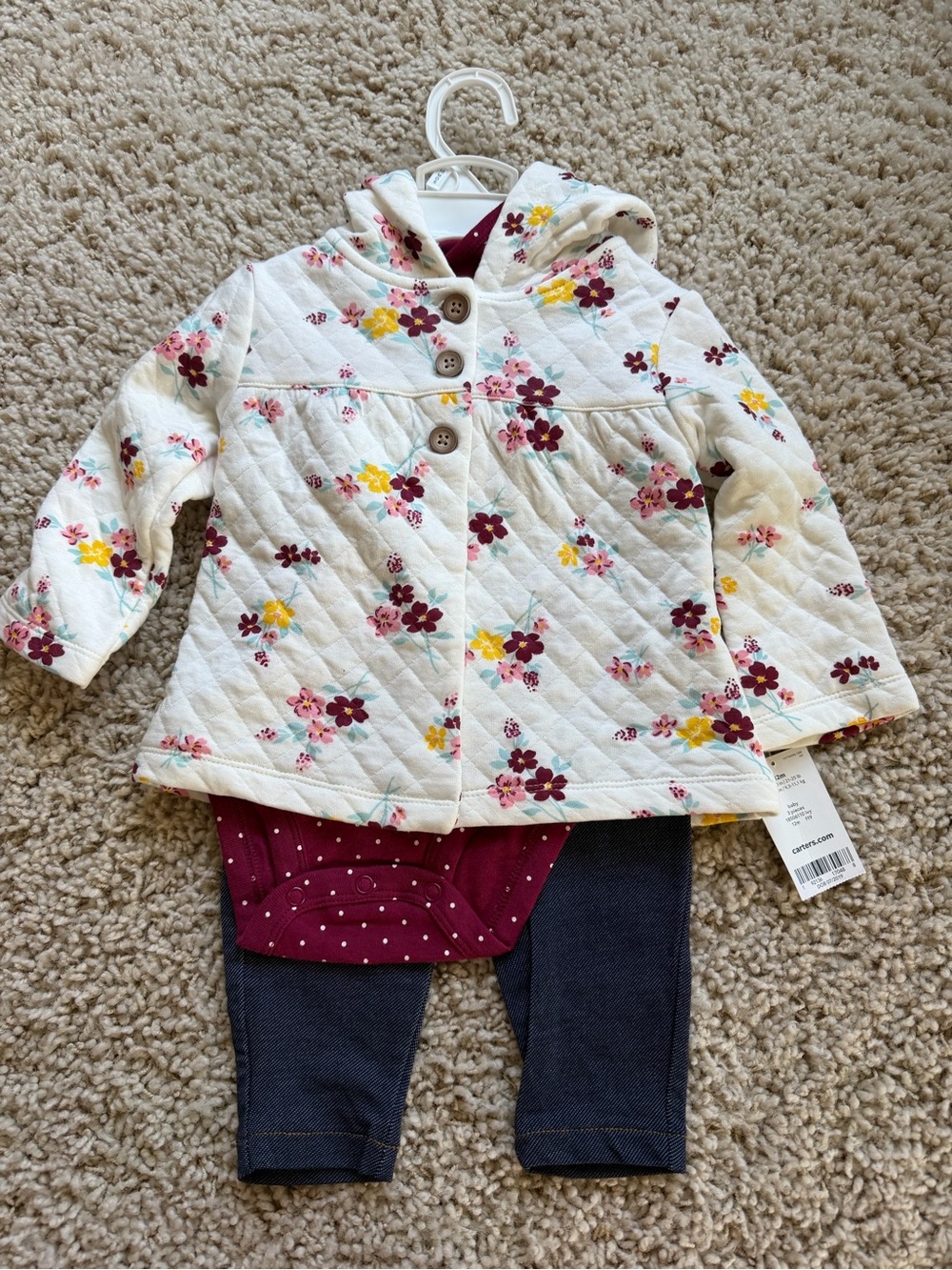 Carter's Quilted Jacket with Maroon & Yellow Floral print, leggings & onesie